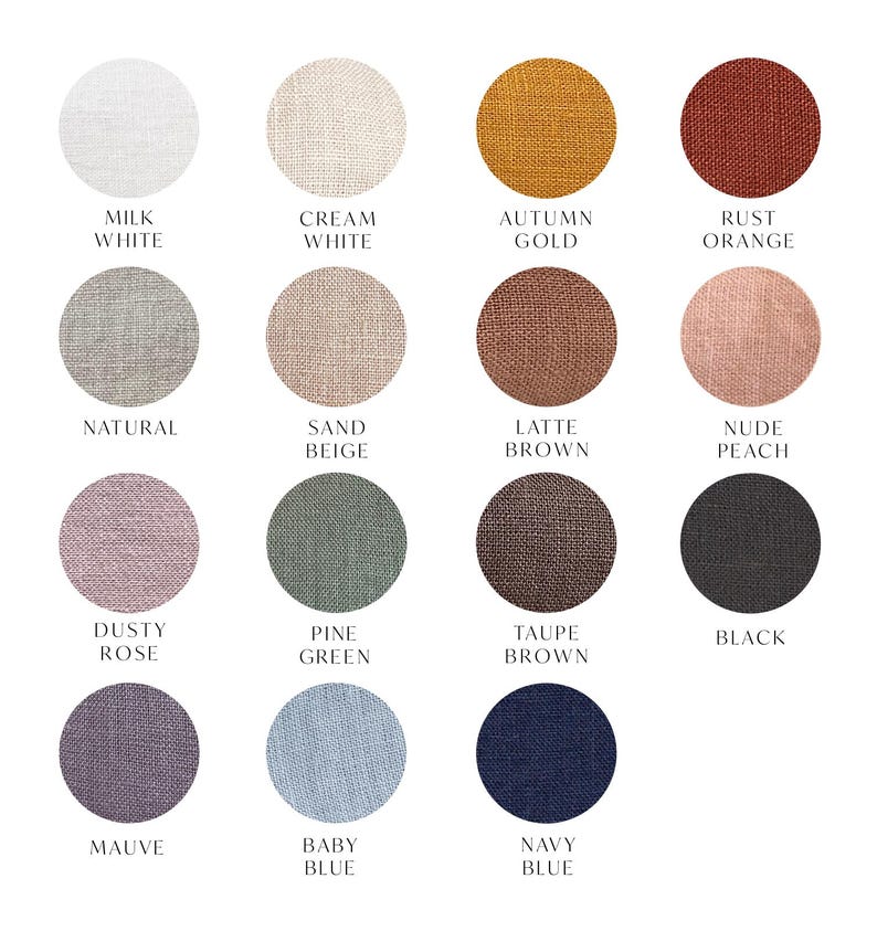 Pode incluir: Uma paleta de cores com 15 amostras de tecido em v&aacute;rias tonalidades. As cores incluem Milk White, Cream White, Autumn Gold, Rust Orange, Natural, Sand Beige, Latte Brown, Nude Peach, Dusty Rose, Pine Green, Taupe Brown, Black, Mauve, Baby Blue e Navy Blue.