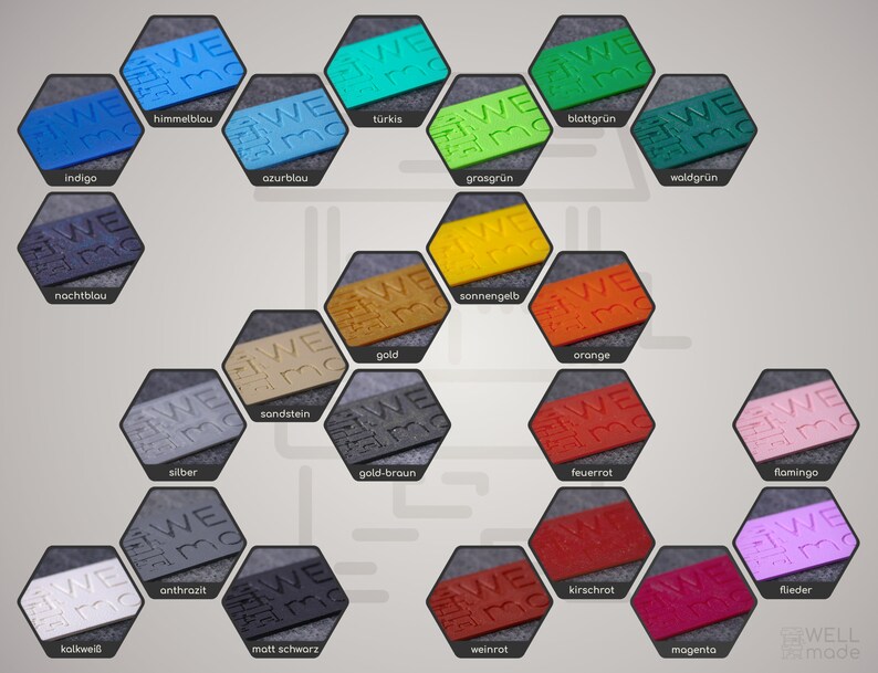May include: A chart of 20 color swatches in a hexagonal shape. Each swatch has the word "WE" and the number "30" embossed on it. The swatches are arranged in a honeycomb pattern. The colors include indigo, azurblou, t&uuml;rkis, grasgr&uuml;n, blattgr&uuml;n, nachtblou, sonnengelb, sandstein, gold, gold-braun, orange, feuerrot, kirschrot, waldgr&uuml;n, flamingo, flieder, magenta, kolkwei&szlig;, anthrazit, and matt schwarz.