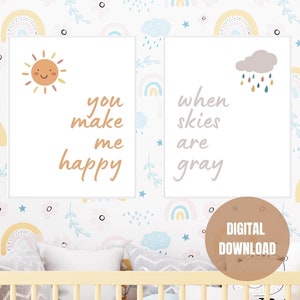 You Make Me HappyWall Decor, When Skies Are Gray Art, Sunshine Decor, Cloud Wall Art, Nursery Wall Decor, Baby Wall Art, Set of Two Bundle