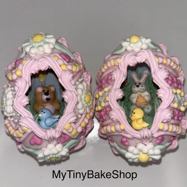 Pink Panoramic Sugar Eggs with Bunny or Teddy Bear Scenes, Edible Candy Easter Egg