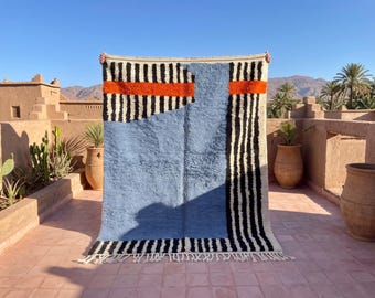 Blue Moroccan Rug, Azilal Rug, Handmade Moroccan Wool Rug, Black Striped Berber Rug, Orange Accent Rug, Authentic Moroccan Area Rug