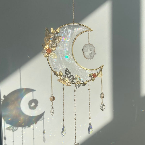 Handmade Butterfly Moon suncatcher | Gold resin rainbow light catcher | hanging décor | holographic crystal décor for window / patio | Gift