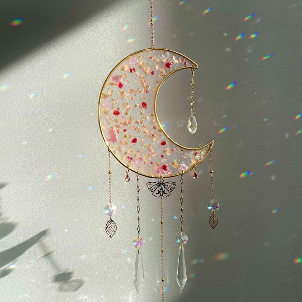 Handmade- Moon glass crystal suncatcher | Gold resin flower light catcher | hanging décor | Quartz crystal décor for window | gift