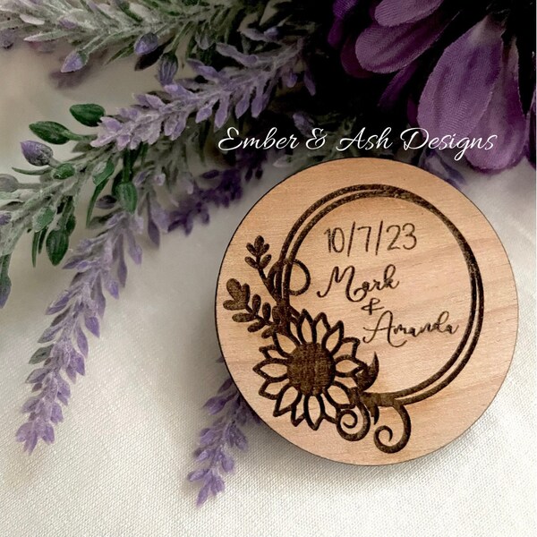 Wooden Engraved Wedding Save The Date- Magnet- Sunflower- Flower