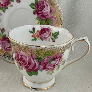 Large Beautiful Pink Roses and Gold Filigree Adorn Royal Albert Teacup and Saucer Duo