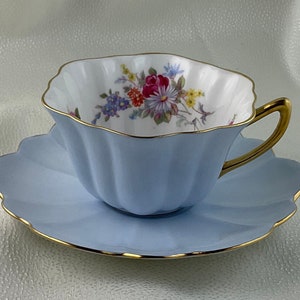 Shelley Light Blue Teacup and Scalloped Saucer Duo decorated with Flower Bouquet, Stratford Shaped Cup