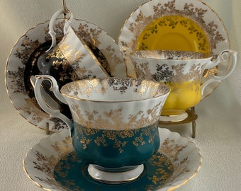 Royal Albert Regal Series Montrose Shaped Teacup and Saucer Duo - Teal or Yellow or Black; 4396