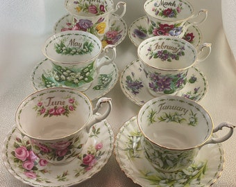 Royal Albert Flower of the Month Cup and Saucer Sets/Trios; choose from Jan, Feb, Mar, April, May, June, July, August, Sept, Oct, Nov, Dec