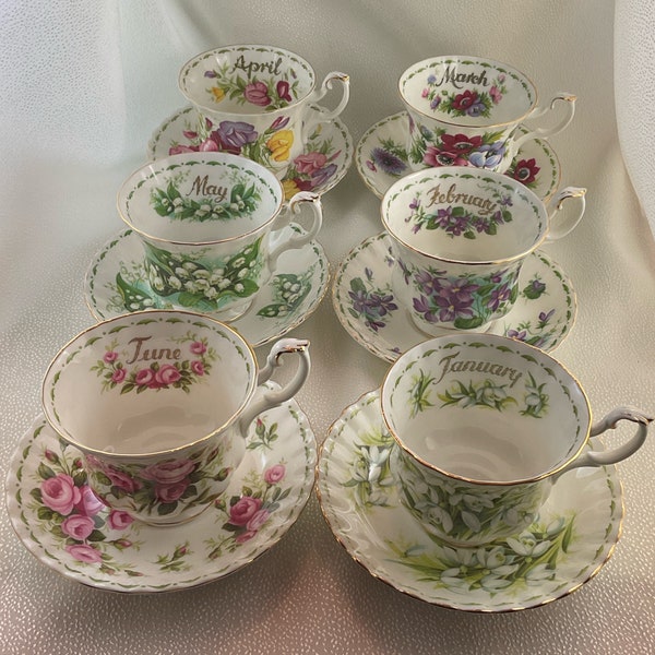 Royal Albert Flower of the Month Cup and Saucer Sets/Trios; choose from Jan, Feb, Mar, April, May, June, July, August, Sept, Oct, Nov, Dec