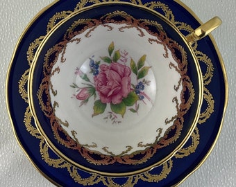 Beautiful Cobalt Blue Aynsley Cup and Saucer Duo with Delicate Pink Rose and Gold Filigree