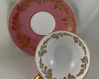 Rich Dusty Rose Aynsley Teacup and Saucer with Beautiful Gold Leaf Filigree