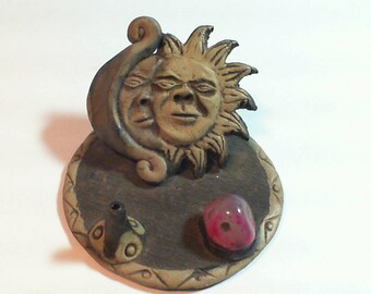 Sun and Moon Incense Holder with Amethyst / Handcrafted
