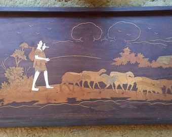 Vintage Wood Tray Inlay Marquetry / Serving / Rosewood