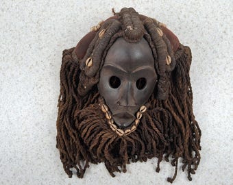 Vintage Liberian Sese Wood Dan Spirit Mask: Cowrie Shells, Jute Hair, Tribal Wall Art