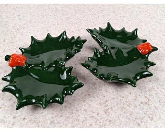 Knott Holly Berry, Vintage Ceramic,  2 pc set 1961, Holiday Candy Nut Dishes