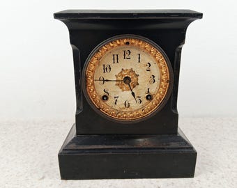 Antique Ansonia Black Cast Iron Mantel Clock, Victorian Gilt Dial Restoration Decor 19th Century