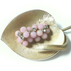 Grapes and Diamonds on Gold Tone Leaf Brooch / Brooch / Vintage Brooch