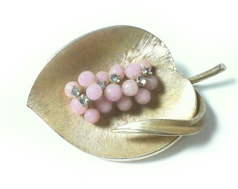 Grapes and Diamonds on Gold Tone Leaf Brooch / Brooch / Vintage Brooch