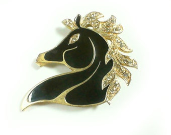 Horse Head Brooch with Simulated Diamonds on Gold Tone Mount / Brooch / Vintage Brooch