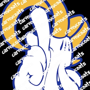 Puede incluir: Un diseño gráfico que presenta un gesto de mano blanco con contornos azules, sobre un fondo negro. El diseño incluye una cabeza de carnero amarilla y azul. El texto "carvencoats" se repite diagonalmente en la imagen.