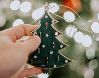 LED light up Christmas Tree Ornament, Circuit Board, Gold, Geeky, Electronic Tech, Techie, Stocking Stuffer - Fully-Assembled