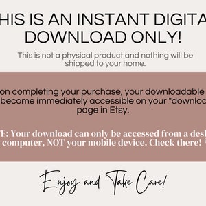 K&ouml;nnte beinhalten: Ein Hinweis auf einen sofortigen digitalen Download mit rosa Hintergrund. Der Text lautet: "Dies ist ein sofortiger digitaler Download, nur zum Herunterladen! Dies ist kein physisches Produkt und es wird nichts zu Ihnen nach Hause geliefert. Nach Abschluss Ihres Kaufs ist Ihre herunterladbare Datei sofort auf Ihrer "Downloads"-Seite bei Etsy verf&uuml;gbar. HINWEIS: Ihr Download ist nur von einem Desktop-Computer aus zug&auml;nglich, NICHT von einem mobilen Ger&auml;t. Schauen Sie dort nach! Viel Spa&szlig; und alles Gute!"