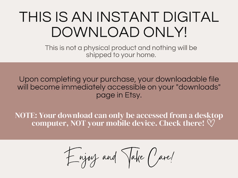K&ouml;nnte beinhalten: Ein Hinweis auf einen sofortigen digitalen Download mit rosa Hintergrund. Der Text lautet: "Dies ist ein sofortiger digitaler Download, nur zum Herunterladen! Dies ist kein physisches Produkt und es wird nichts zu Ihnen nach Hause geliefert. Nach Abschluss Ihres Kaufs ist Ihre herunterladbare Datei sofort auf Ihrer "Downloads"-Seite bei Etsy verf&uuml;gbar. HINWEIS: Ihr Download ist nur von einem Desktop-Computer aus zug&auml;nglich, NICHT von einem mobilen Ger&auml;t. Schauen Sie dort nach! Viel Spa&szlig; und alles Gute!"