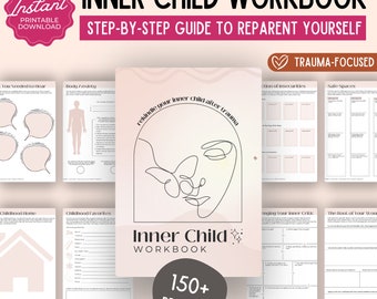 May include: A printable workbook titled "Inner Child Workbook: Step-by-Step Guide to Reparent Yourself" with a pink and white color scheme. The workbook is trauma-focused and includes over 150 prompts to help you reconnect with your inner child.