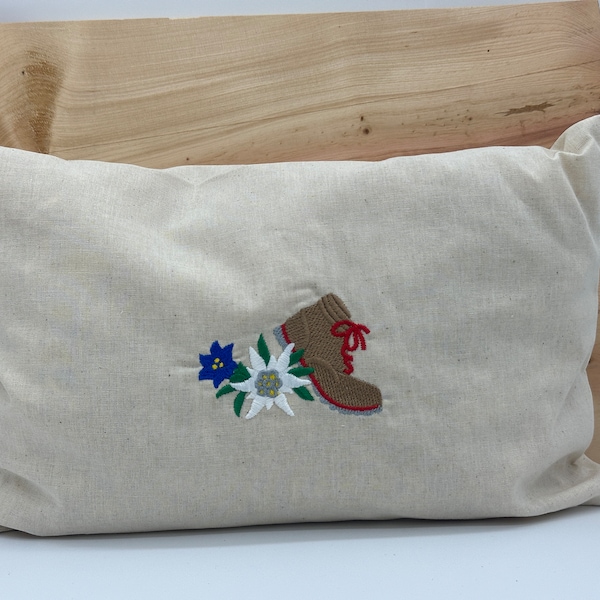 Pillow 20x30 with zipper white with embroidered mountain motif - filled with Tyrolean pine shavings - optionally with 5ml organic pine oil