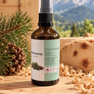 May include: A 100 ml amber glass spray bottle labeled Zirbenraumspray with a black pump top. The white label features text in German, a pine cone illustration, and safety symbols. The bottle contains a room spray with pine oil ingredients.