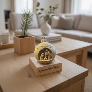 Könnte beinhalten: Beige Weihnachtsbaumkugel mit einer Krippenszene, auf einem Holzblock platziert. Der Block trägt die Gravur "Gesund mit Zirbe". Der Schmuck liegt auf einem Holztisch, im Hintergrund eine kleine Topfpflanze und andere Dekorationen.