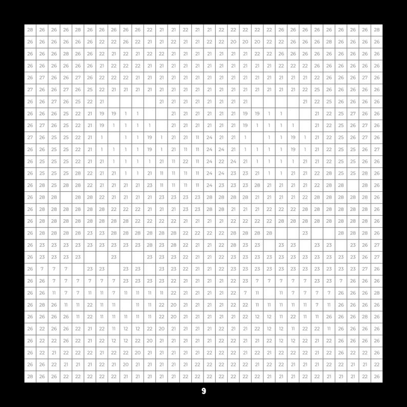 以下が含まれることがあります： 黒と白のグリッドパターンで、各正方形に数字が書かれています。数字は7から29までです。数字の9はグリッドの中央に印刷されています。