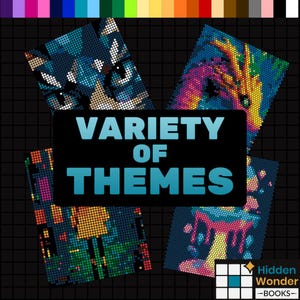 May include: An image featuring four mosaic art pieces with various themes. The central text reads "VARIETY OF THEMES" in light blue. The pieces showcase a cat's face, a colorful dragon, a cityscape, and a melting ice cream cone. The Hidden Wonder Books logo is in the bottom right.