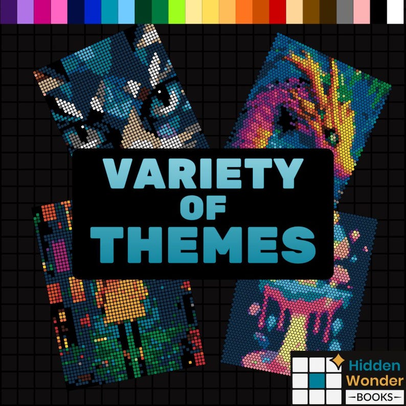 May include: An image featuring four mosaic art pieces with various themes. The central text reads "VARIETY OF THEMES" in light blue. The pieces showcase a cat's face, a colorful dragon, a cityscape, and a melting ice cream cone. The Hidden Wonder Books logo is in the bottom right.
