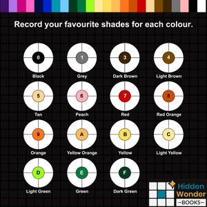 May include: A color chart with the text "Record your favourite shades for each colour." The chart displays 16 circles, each labeled with a color name and a number. Colors include black, grey, red, and green.