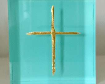 Cross Painting 4x4 Acrylic Block | Graduation Gift | Baptism Gift | Shower Gift | Gold Cross