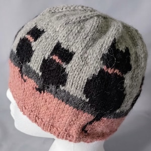 May include: A gray, black, and pink knitted hat with a pattern of black cats. The hat has a fold-over brim.
