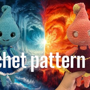 May include: Crochet pattern only. Two crocheted amigurumi dolls, one blue and one pink, with a fiery background.