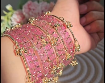 Pink Kashmiri Ghungroo Bangles Set | Gold Tone Glass Bridal Churiya