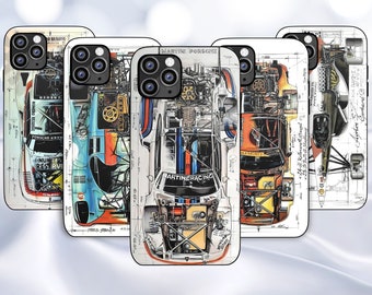 Coque de portable vintage Race Car Design Blueprint pour iPhone 14, 13, 12, 11 Pro Max, XR, XS, 8, 7 Coque pour Samsung S24 S23 S22Fe A14 A34 A53 A54