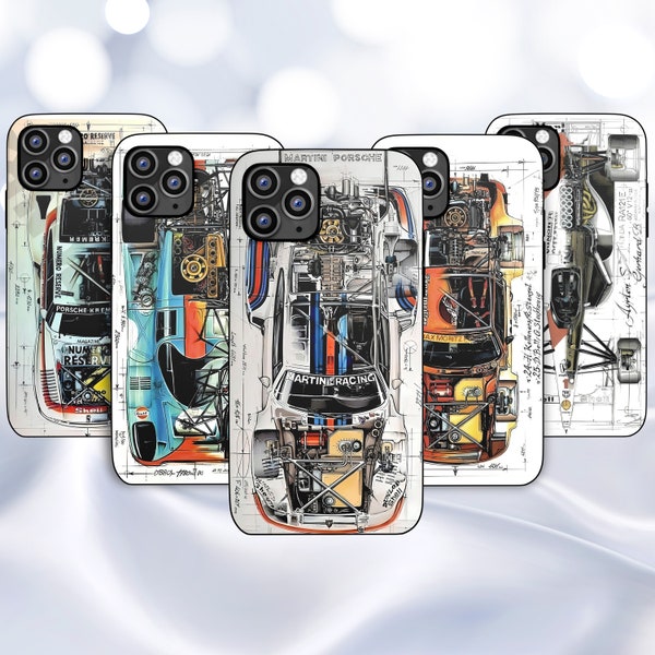 Coque de portable vintage Race Car Design Blueprint pour iPhone 14, 13, 12, 11 Pro Max, XR, XS, 8, 7 Coque pour Samsung S24 S23 S22Fe A14 A34 A53 A54