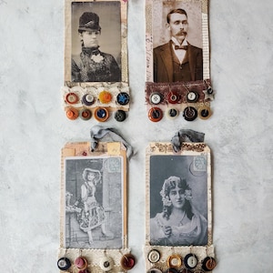 French Atelier Button Dangles on Collaged Portrait Tag | Vintage Junk Journal Embellishments | Snippet Roll Supplies