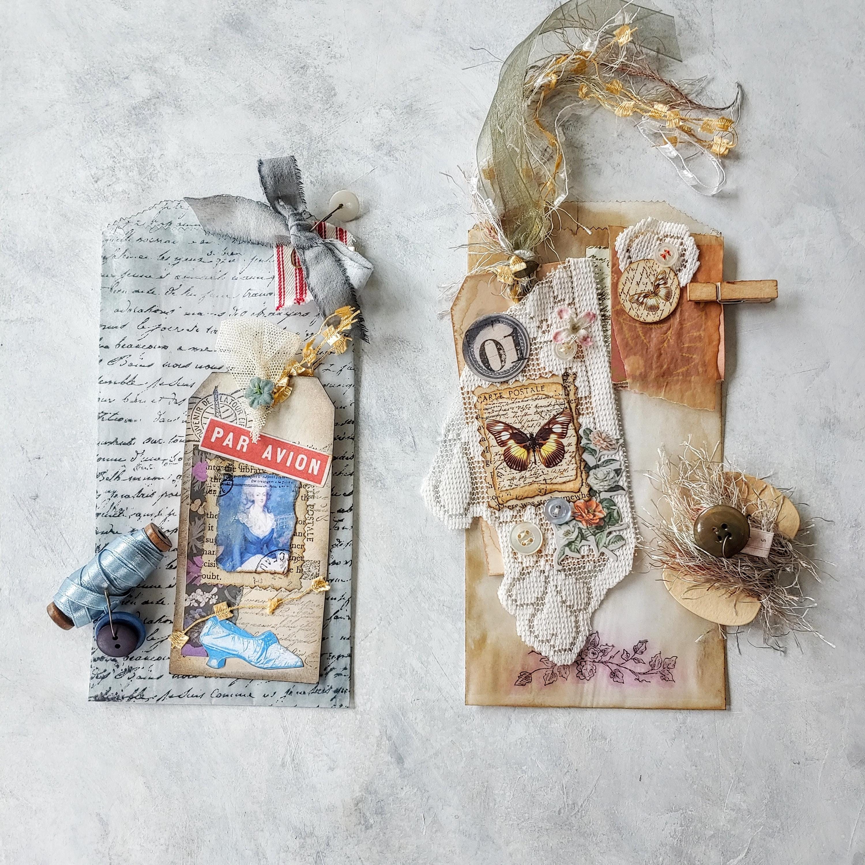 Layered Junk Journal Tag Bundle – Collaged Ephemera, Distressed Glassine Pocket, Ribbon or Trim – Butterfly or Marie Antoinette Theme