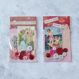 Vintage Valentine, Cupid Love Set of 2 Button Shaker Cards for Junk Journals, Handmade Collage Ephemera with Mixed Media Embellishments
