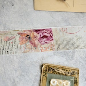 Pink Flower and Vintage Ephemera Washi Tape, Peach Floral Print Decorative Tape for Junk Journals and Packaging- 5 Meters (F)