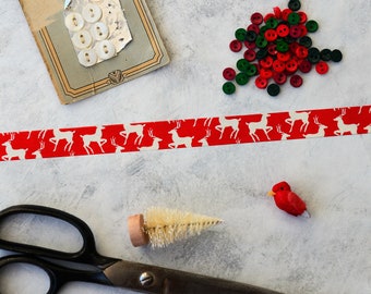 Red and White Reindeer Print Washi Tape, Christmas Deer Washi, Decorative Tape for Winter Junk Journals, Cards, Giftwrap - 10 Meters