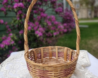 Vintage Easter Basket with Handle, Wicker Flower Girl Basket, Cottagecore Decor, Made in Mexico Basket, Rustic Spring Decor