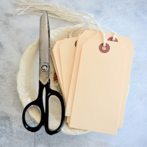 May include: A collection of blank, peach-colored price tags with brown eyelets and attached string. A pair of vintage scissors with black handles rests on a decorative plate. The scissors are silver and have a classic design.