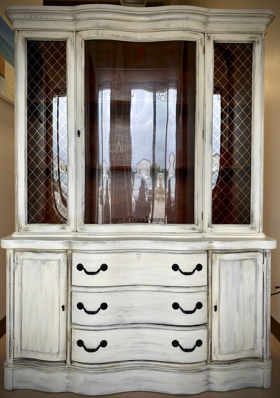 Distressed white china cabinet deals