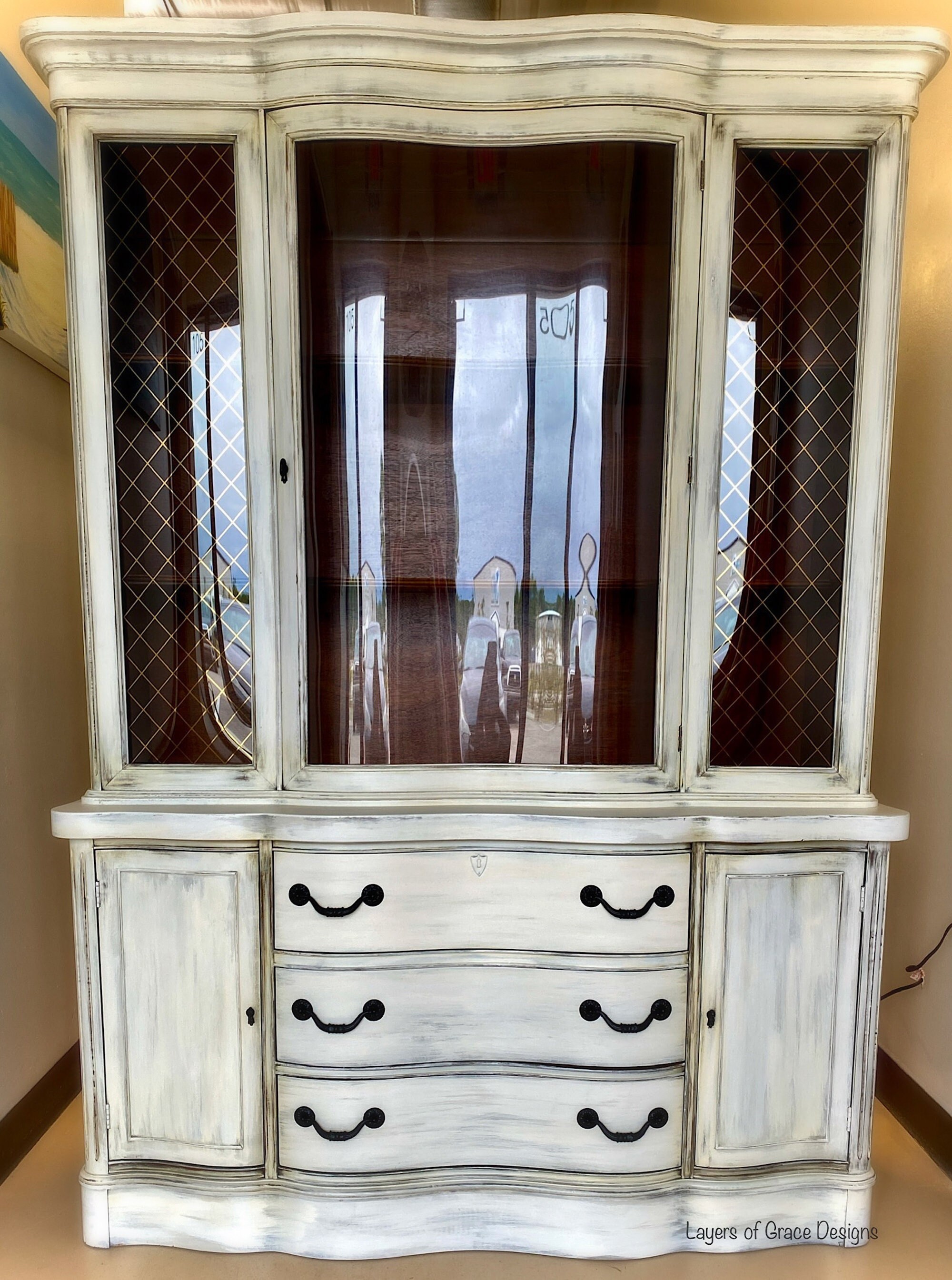 SOLD Refinished Hutch Formal Dining China Cabinet Neutral Hand